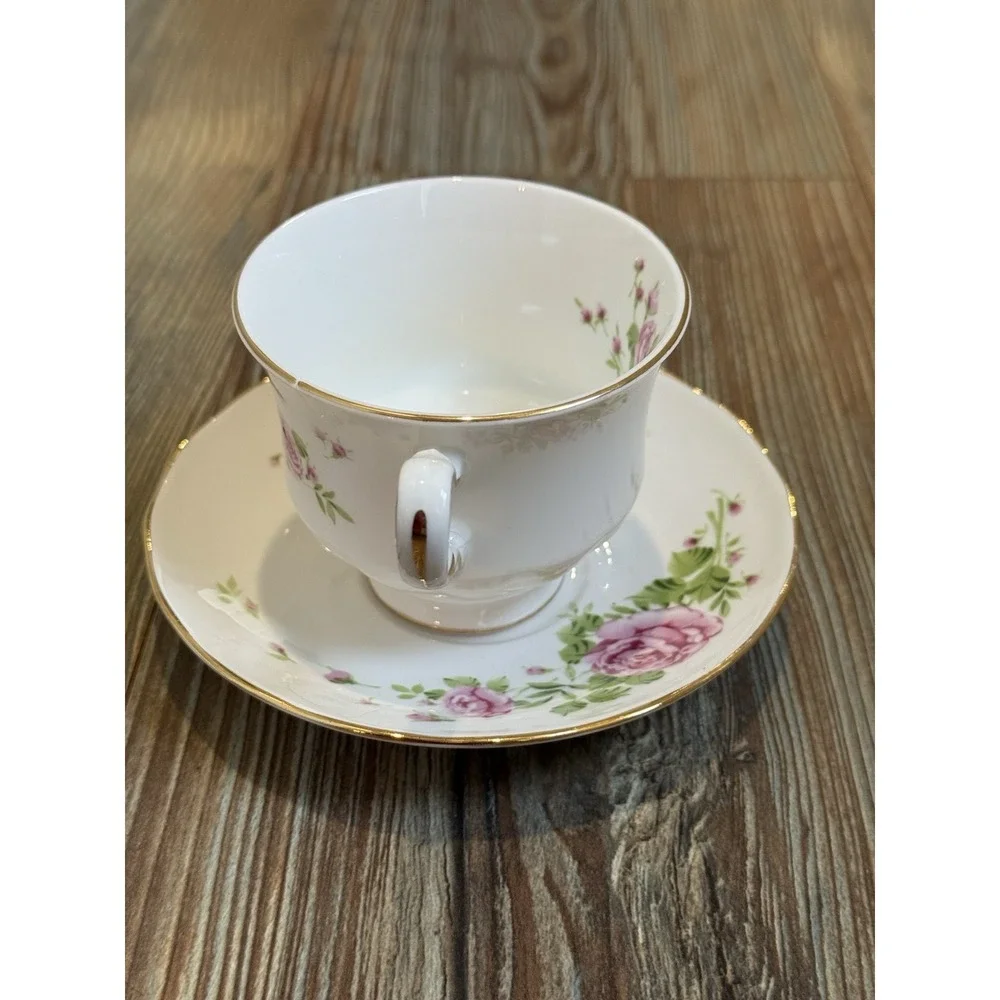 ANTIQUE FINE BONE CHINA PINK ROSES ENGLAND EXCLUSIVELY AVON 1974 TEA CUP SAUCER
